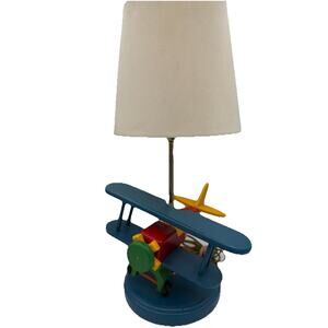 Vintage Childrens Airplane 14x10” Bedroom Table Lamp Primary Colors Nursery Wood